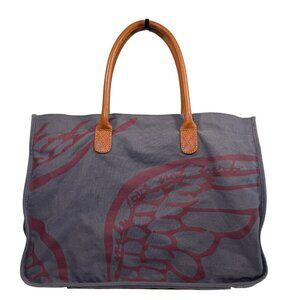 MAKE LOVE NOT TRASH Gray Cotton Canvas Leather Wing Tote Bag